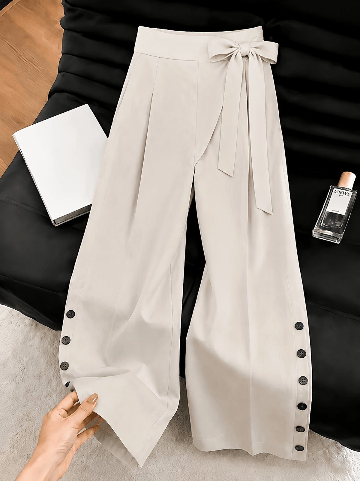 New Summer Apricot Color Vacation Style Wide-Leg Pants, High-Waist with Bow Tie and Button Front, Straight-Leg Casual Trousers YYTT - Apricot