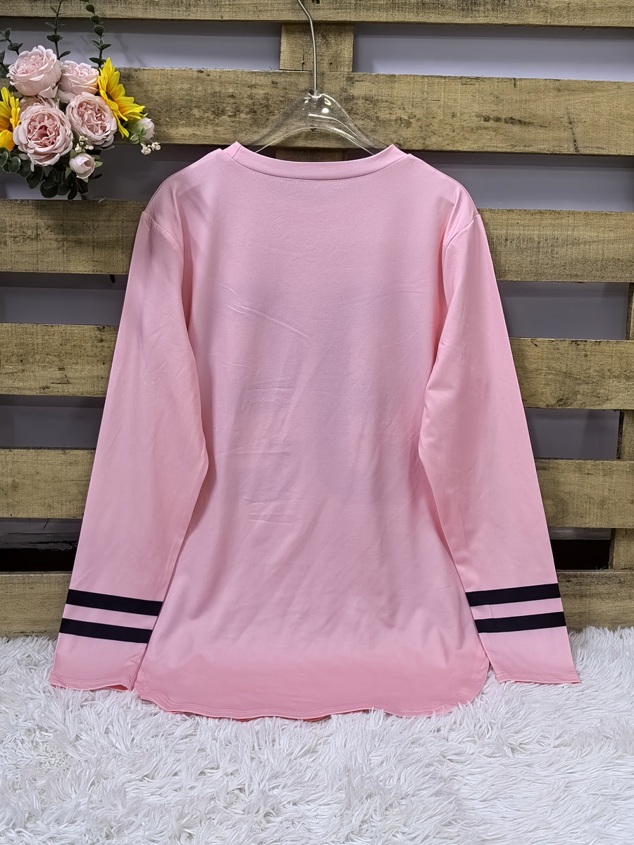 Autumn and Winter New European & American Style Women's "251.46cm Number Print Loose Casual Long Sleeve Top - pink color