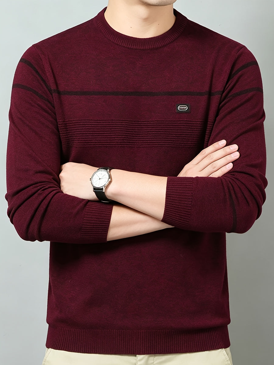 Men's Solid Gray Striped Crewneck Lightweight Knit Sweater, Featuring a Basic Crewneck Design, Ribbed Cuffs, and a Slim-fit Slightly Relaxed Silhouette. Suitable for Young Adults and Middle-aged Men, Ideal for Both Commuting and Daily Casual Wear - Red