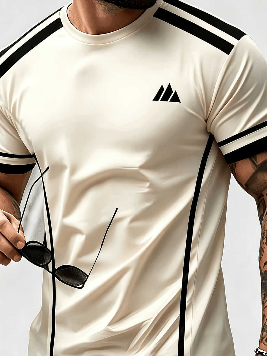Men'S Trendy Casual Sports T-Shirt, Yellow Black Contrast Striped Mountain Peak Small Label Print Design, Fashionable Thin Breathable T-Shirt, Machine Washable Casual Short Sleeve Top - Mixed Color 17