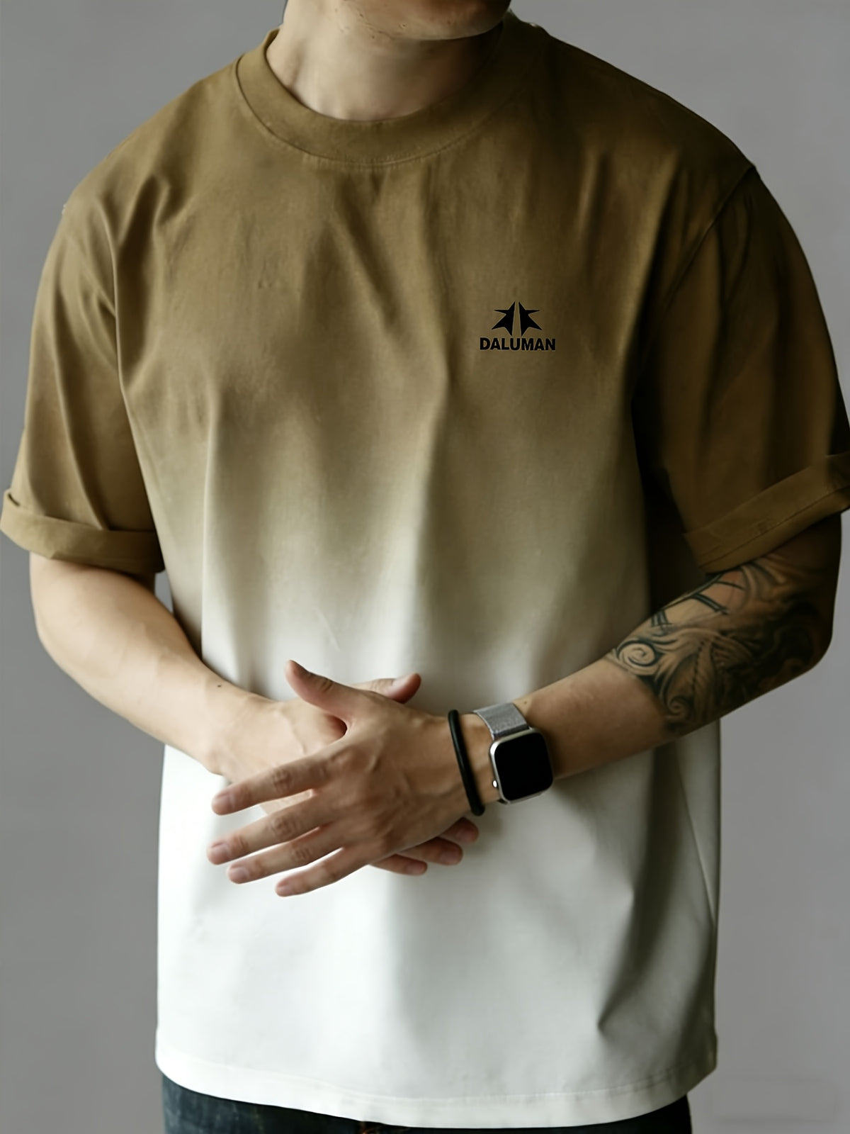 Daruman Outdoor Brand Summer Men'S Short Sleeve T-Shirt Summer Men'S Short Sleeve Loose Thick Gradient Color T-Shirt Men'S Drop Shoulder Loose Top Comfortable Pure Casual Round Neck Short Sleeve Men - Coffee Brown