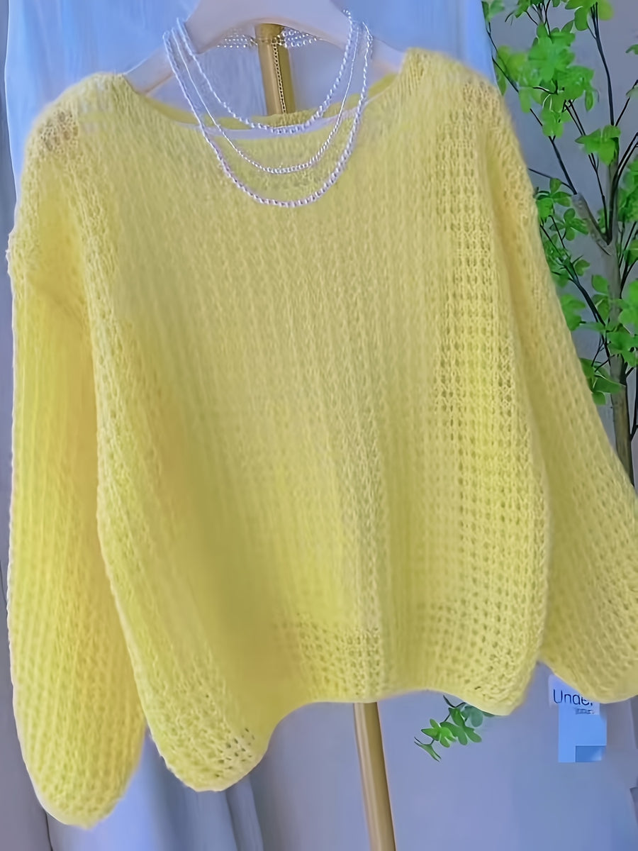 Women's New Spring/Summer Hollow-Out Solid Color One-Shoulder Pullover Knitwear, Casual Style Outer Cover-Up Shirt - Yellow