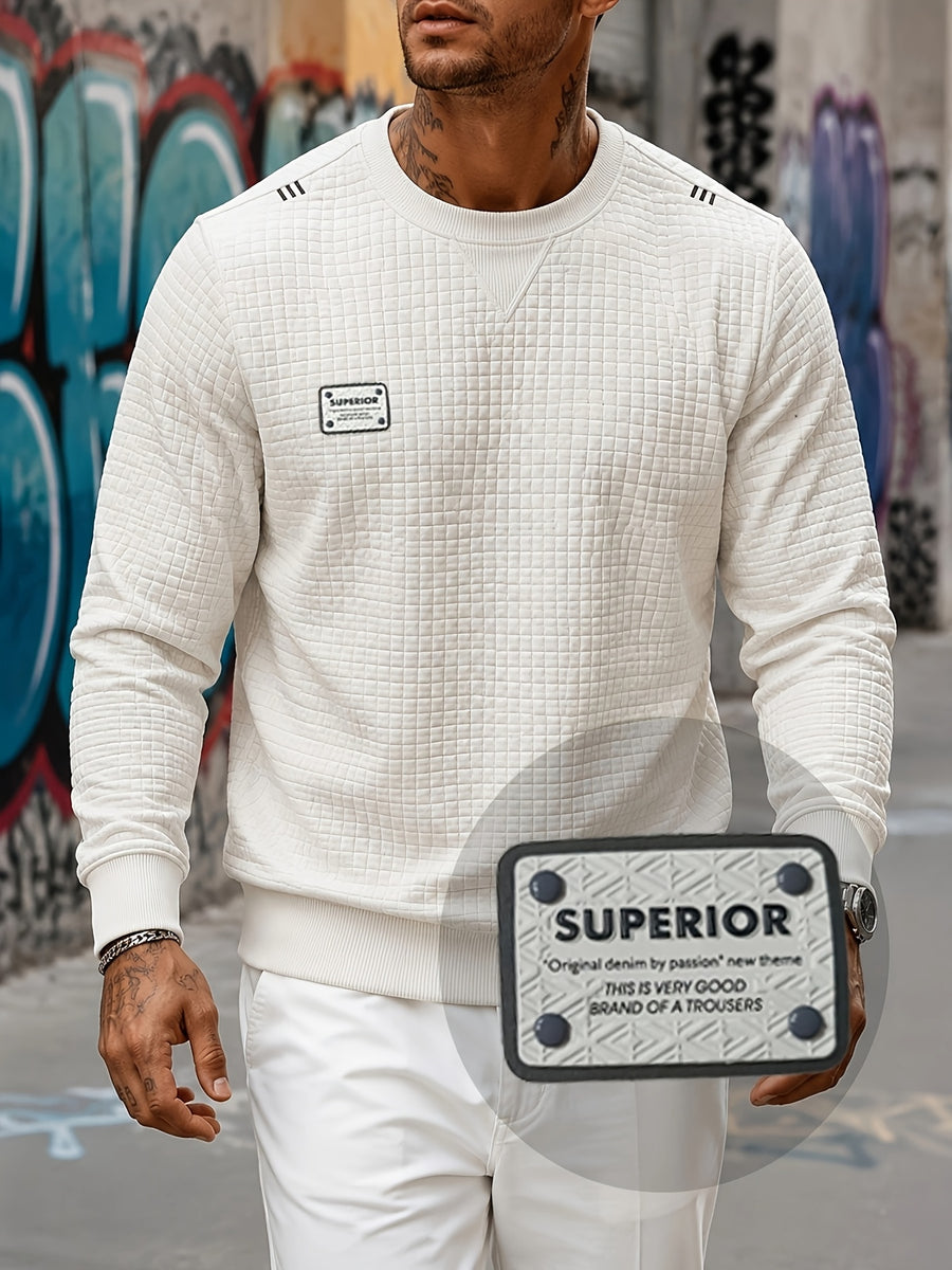 Men'S Textured Waffle Knit Sweatshirt Long Sleeve Crew Neck Pullover Lightweight Breathable Athletic Casual Top Soft Stretch Thermal Shirt Fit Sports Training Running Gym Workout Golf Outdoor Travel Everyday Wear Fashion Streetwear Basic Sweater - White