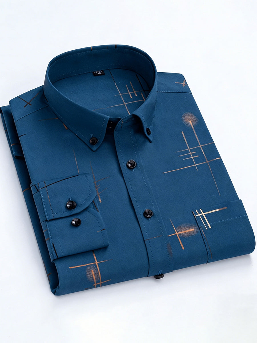 Men'S Long-Sleeve Shirt with Bronzing Print, Business Casual Wrinkle-Resistant Shirt, Light Luxury Versatile Top for Middle-Aged And Young Men - Peacock Blue