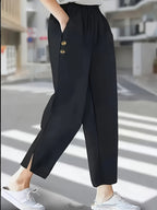 Solid Color Elegant Ankle Pants with Buttoned Pockets, Featuring a Slit Cuff Design for Added Dynamism, Suitable for Daily Outings or Commuting - Black