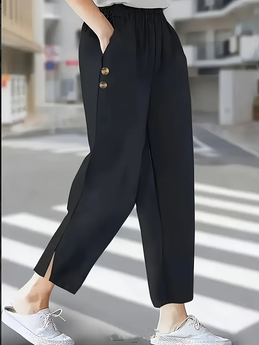 Solid Color Elegant Ankle Pants with Buttoned Pockets, Featuring a Slit Cuff Design for Added Dynamism, Suitable for Daily Outings or Commuting - Black
