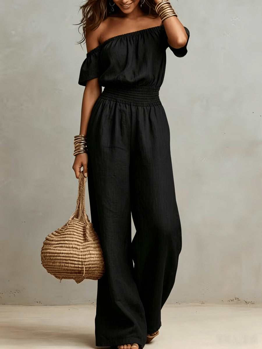 Vintage Off-the-Shoulder Sexy Sleeveless Drawstring Waist Wide-Leg Jumpsuit - Black