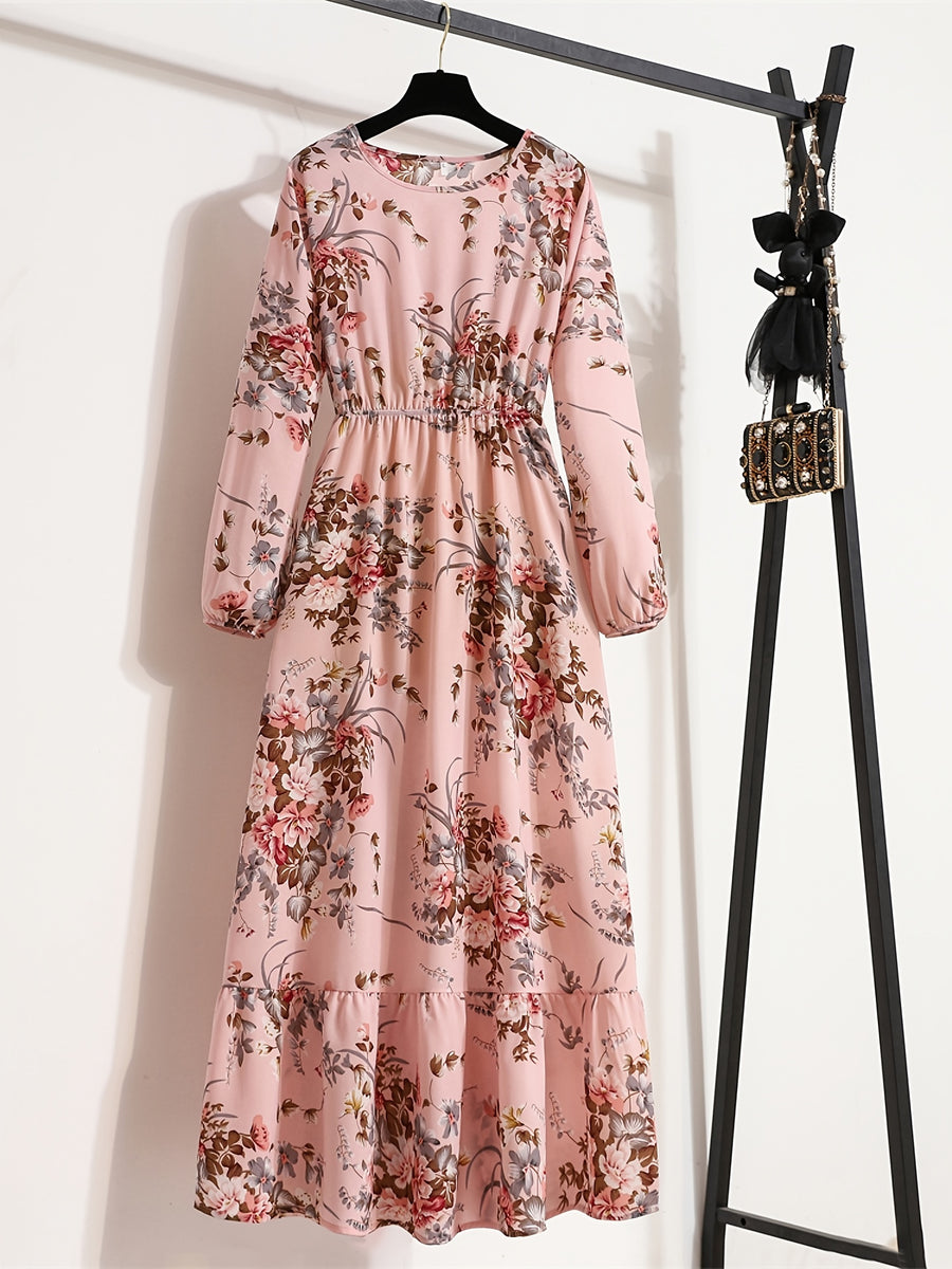 Bohemian Print Casual Party Long Dress with Ruffle Hem, Round Neck, Elastic Waist, and A-Line Silhouette - Peach