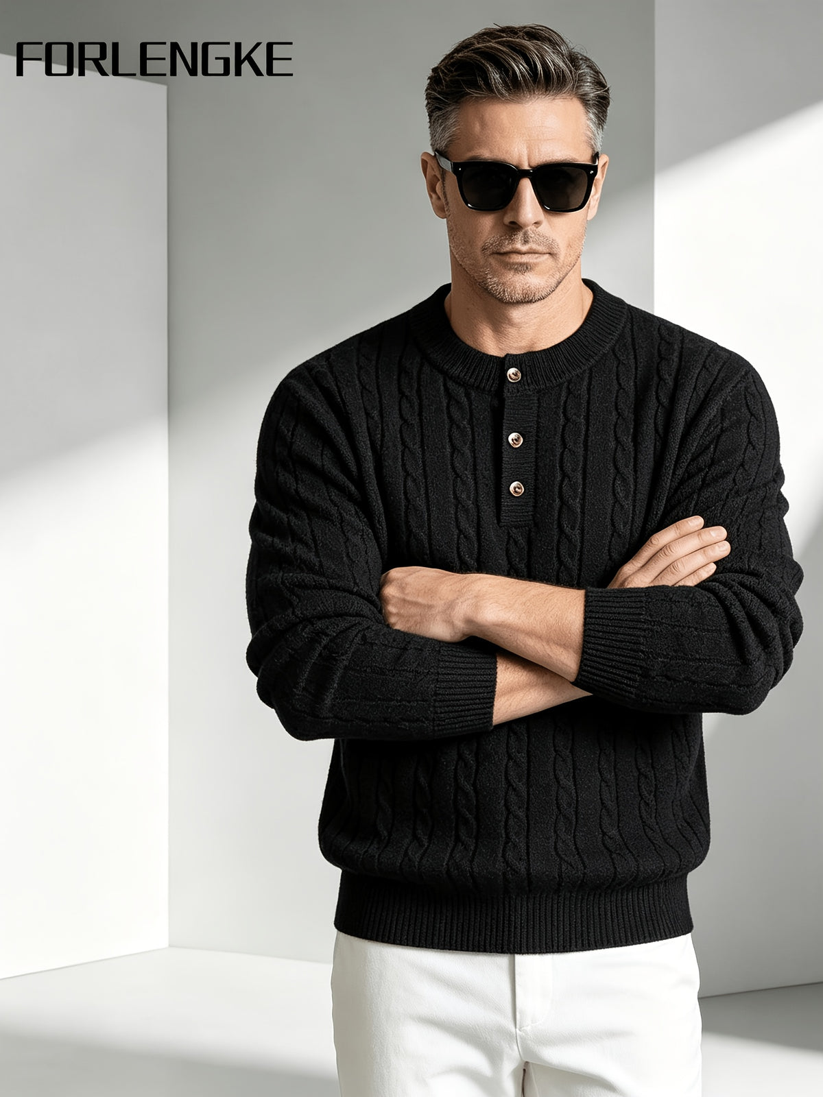 FORLENGKE Men'S Vintage Cable Knit Henley Sweater, Soft Warm Half-Button Pullover for Autumn Winter Daily Business Wear - Black