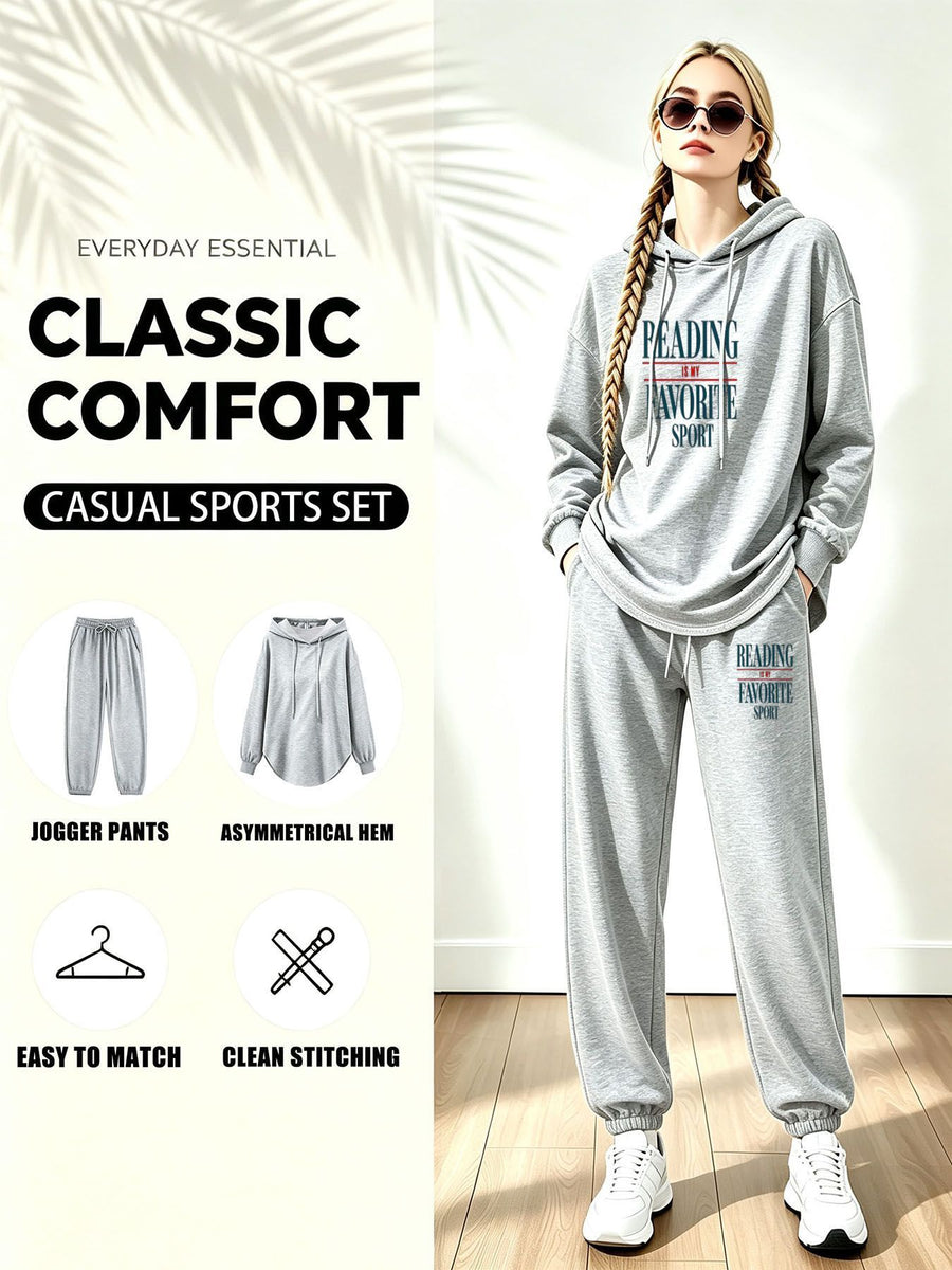 Everyday Essential Casual Sports Set - Relaxed Fit Asymmetrical Hem Hoodie And Drawstring Jogger Pants, Soft Breathable Athletic Tracksuit - Perfect for Yoga, Running, Lounging, Travel, Gym Workout, And Daily Wear - Light Grey