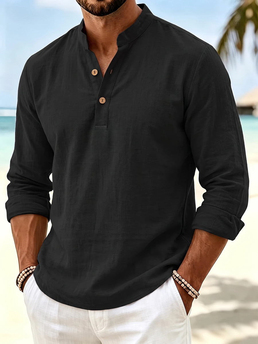 Men'S Pure Casual Long Sleeve Henley Shirt Linen Texture Old Money Style Solid Color Button-Up Top Spring Fall Moisture-Wicking Breathable Comfortable Long Sleeve T-Shirt - Black
