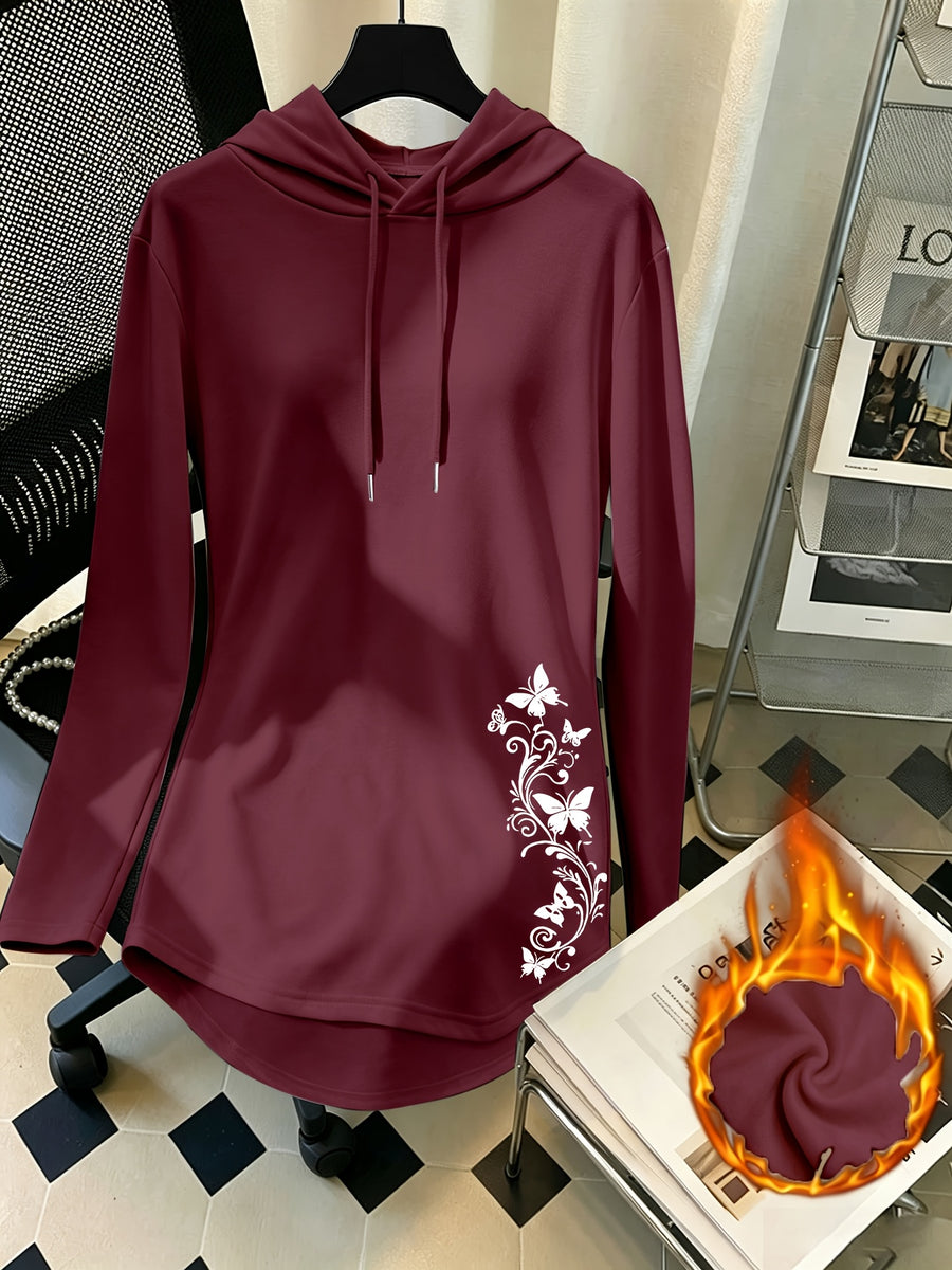 Mid-Length Hooded Sweatshirt for Women, Loose Hip-Covering Butterfly Print Drawstring Pullover Top - Burgundy
