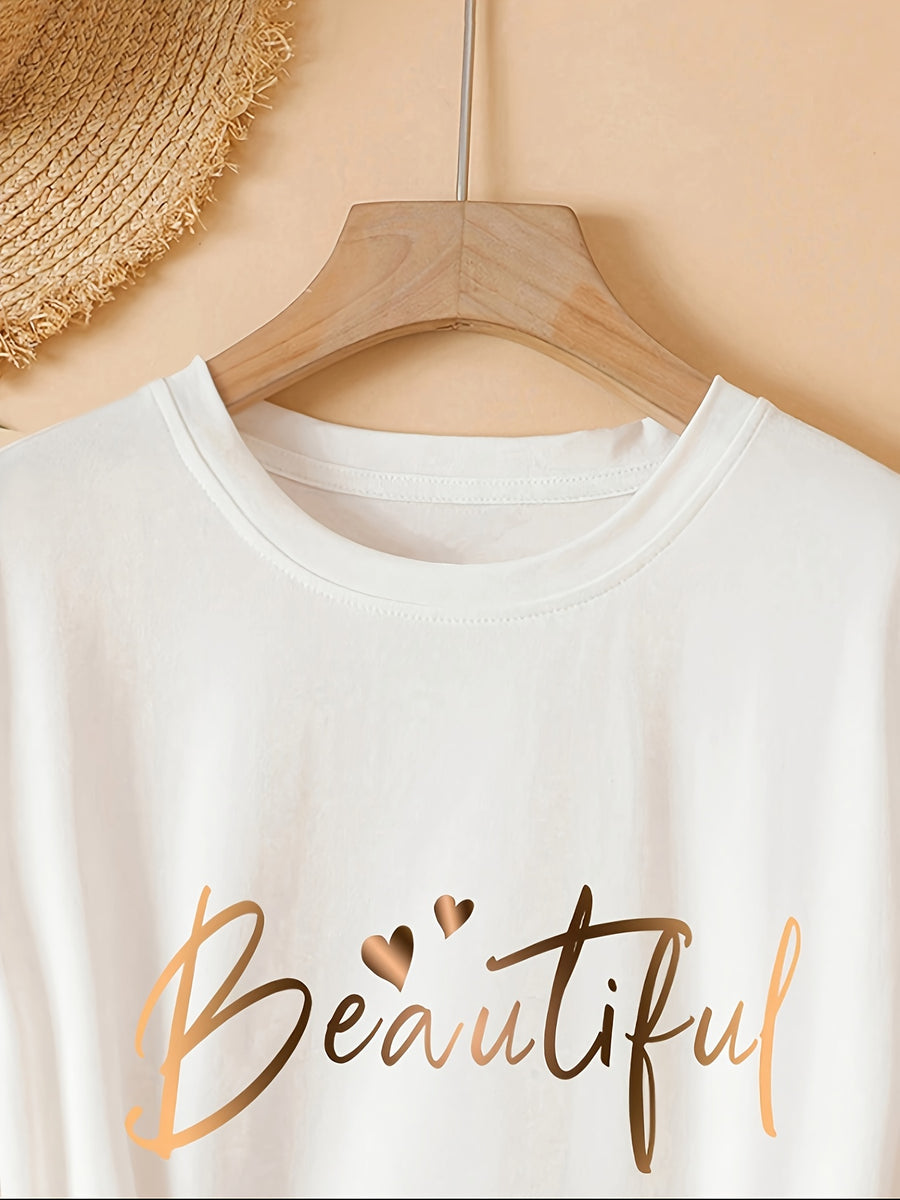 Spring Summer Easy Round Neck Fashion Loose Versatile Casual Short Sleeve T-Shirt Heart Letter Women'S Top Pattern - White