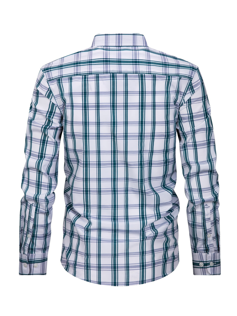 New Plaid Shirt for Men, Long Sleeve, European/American Sizing, Suitable for All Seasons and Commuting, Two-Tone Color Block Design, Four-Season Casual Shirt. Ideal for Men's Daily Wear, Vacation, Leisure, and Streetwear. The Casual Plaid Shirt - Green And White Grid