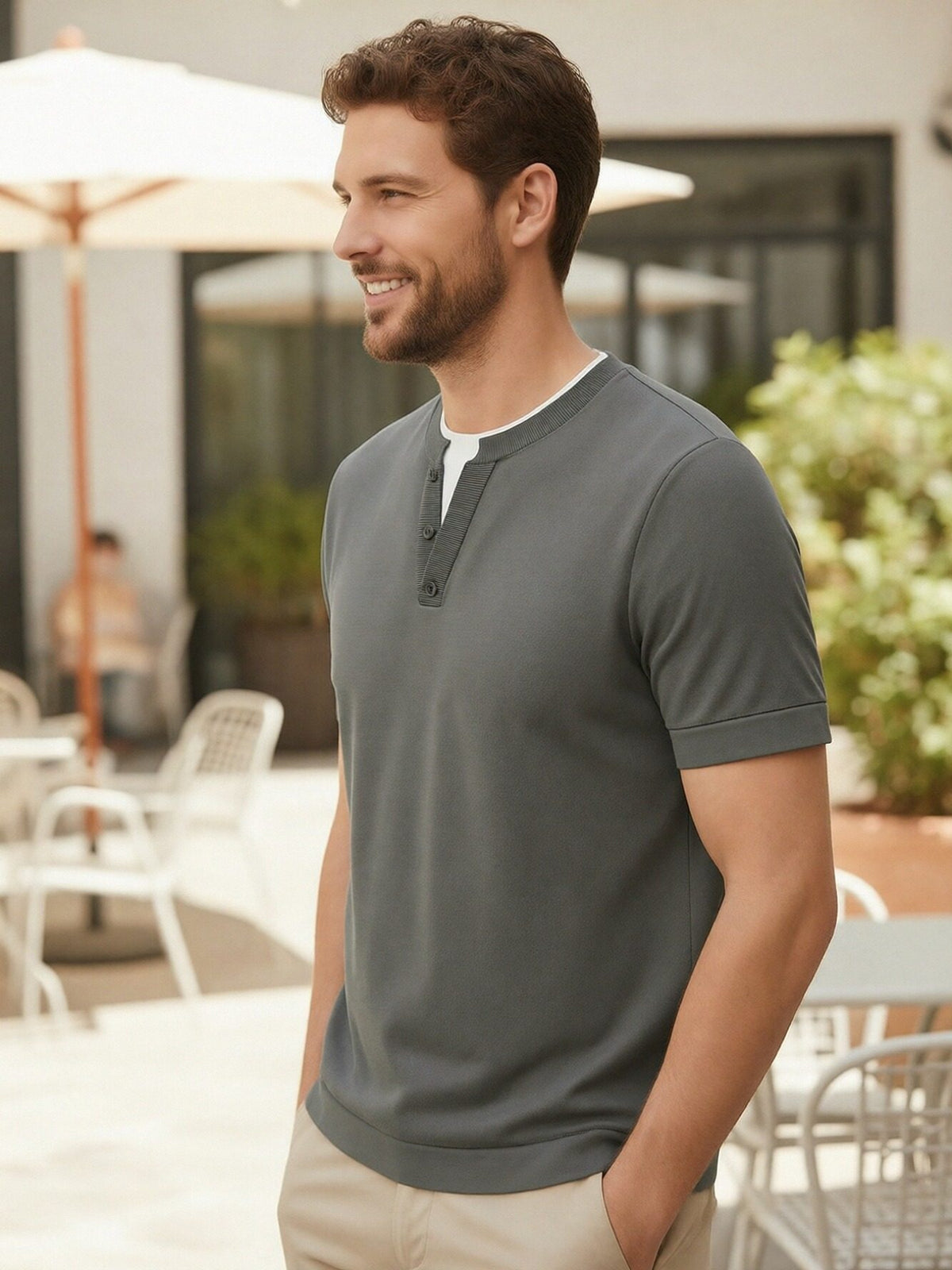 Old Money Outfits Men's Slim-Fit Fake 2pcs Knit Shirt - Short Sleeve Collar with Fake Collar Detailing, Breathable Solid Color Top Suitable for Spring, Casual & -Casual Wear, Machine Washable Male Blending - Dark Gray
