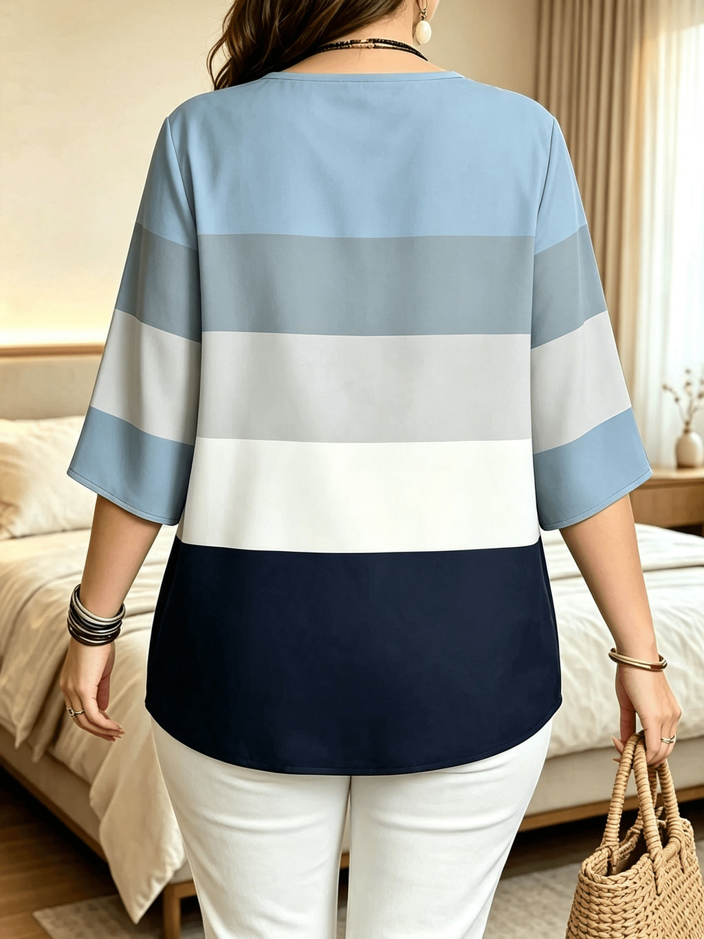 Printed Design – Not Textured. Women's Casual Button-Patch Colorblock V-Neck Three-Quarter Sleeve T-Shirt, a Perfect Gift for. - Multicolor A