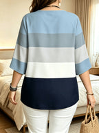 Printed Design – Not Textured. Women's Casual Button-Patch Colorblock V-Neck Three-Quarter Sleeve T-Shirt, a Perfect Gift for. - Multicolor A