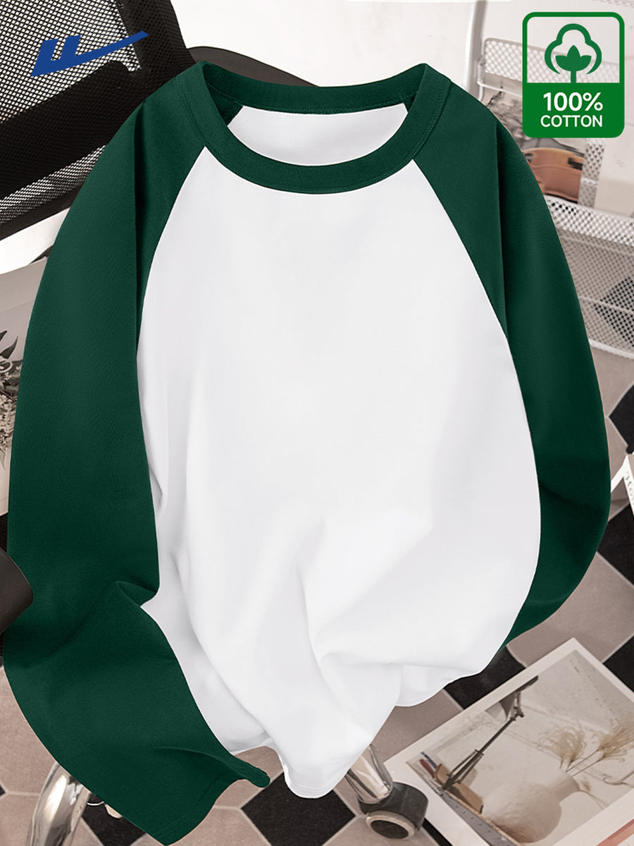 Huairui 100% Pure Color-Block Raglan Long Sleeve T-Shirt for Men, Crew Neck, Color Spliced, Casual, Versatile Base Layer for Spring and Autumn - Green