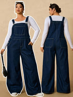 Plus Size Women'S Loose Casual Denim Jumpsuit, with Pockets - Blue