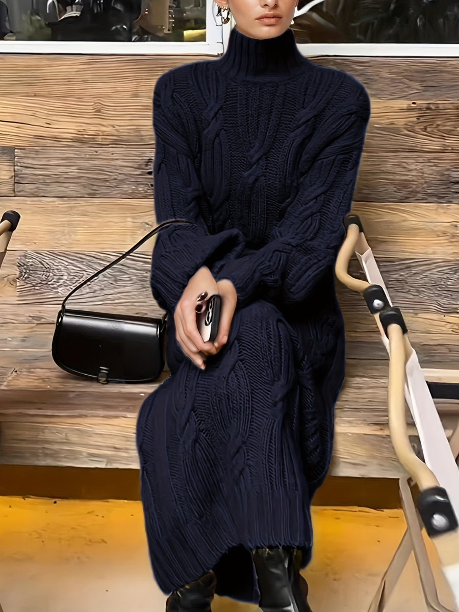 Women's Elegant Vintage Maxi Dress with High Neck & Twisted Rope Neckline - Loose A-Line H-Line Long Sleeve Dress for Fall/Winter Weddings, Parties, Special Occasions - Solid Color Dress in traditional fitting (No Padding/) - Navy Color