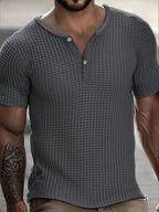[Qiaoximei OBM] Men'S Solid Color Jacquard Texture Henley Shirt, Summer Fashion Button-Up Design, Comfortable Soft Breathable Fabric, Casual Summer Wear for Travel And Parties - Grey