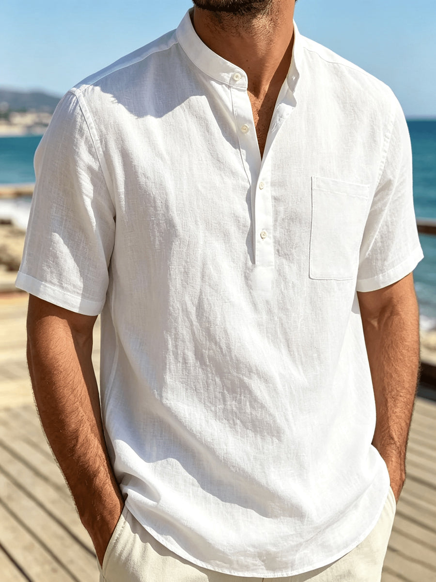 Men'S 3pcs Set of Stand-Collar Henley Short-Sleeve Shirts, Summer Thin Casual Button-Up Shirts, Chest Pocket Loose Breathable Solid-Color Short-Sleeve Tops - Blue+white+yellow