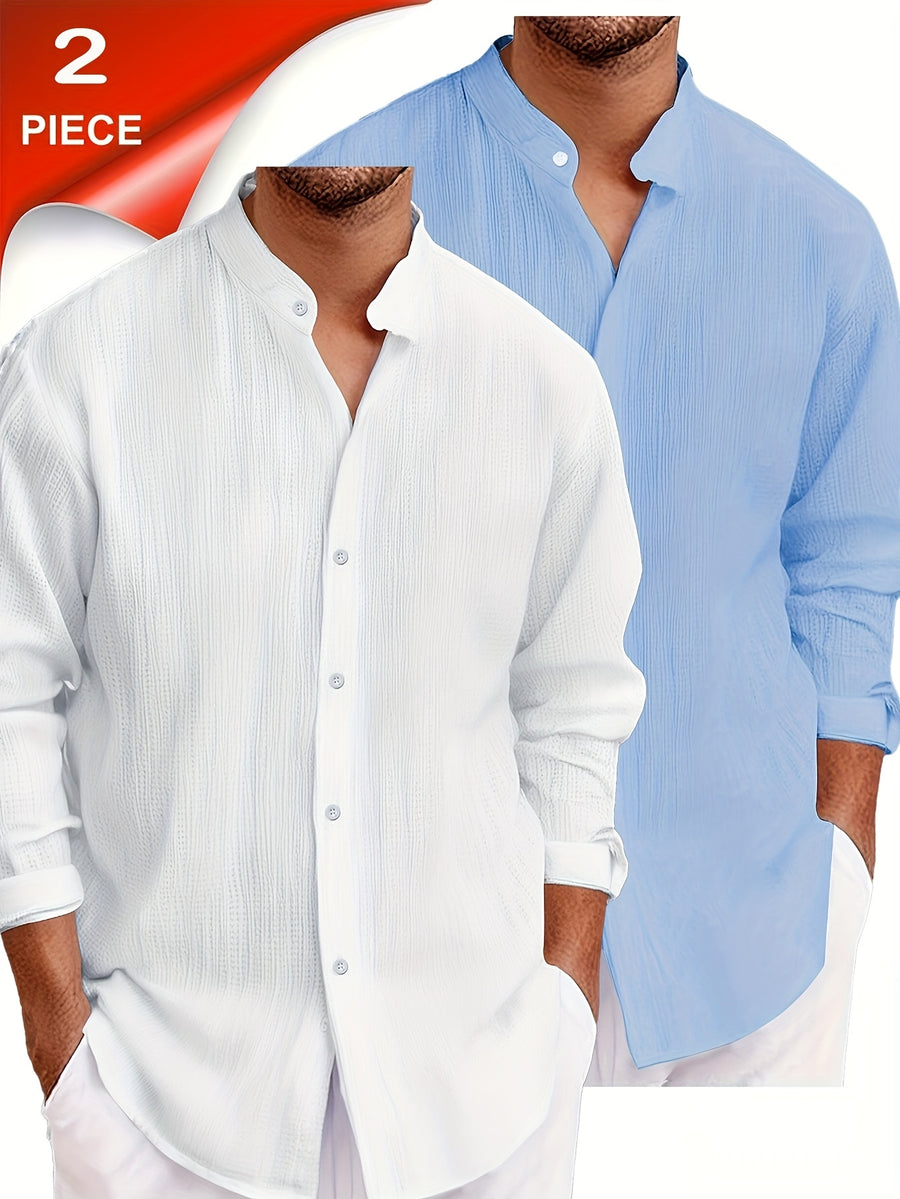Pearson OBM 2pcs Men's Casual Fashion Simple Solid Color Textured Fabric Long-Sleeve Button-Up Shirt, Cool and Comfortable, Suitable for Daily Leisure and Outings, Essential for Spring and Autumn - White + Sky Blue Combination