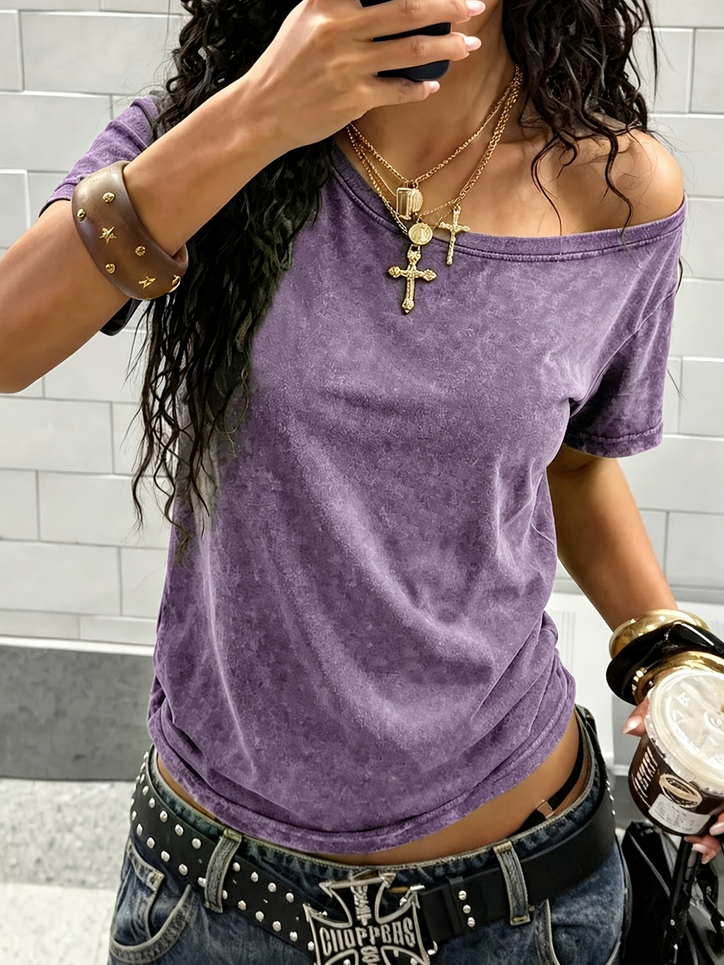 Distressed Washed Off-Shoulder Short Sleeve T-Shirt, Dark Style Plain Top - Purple