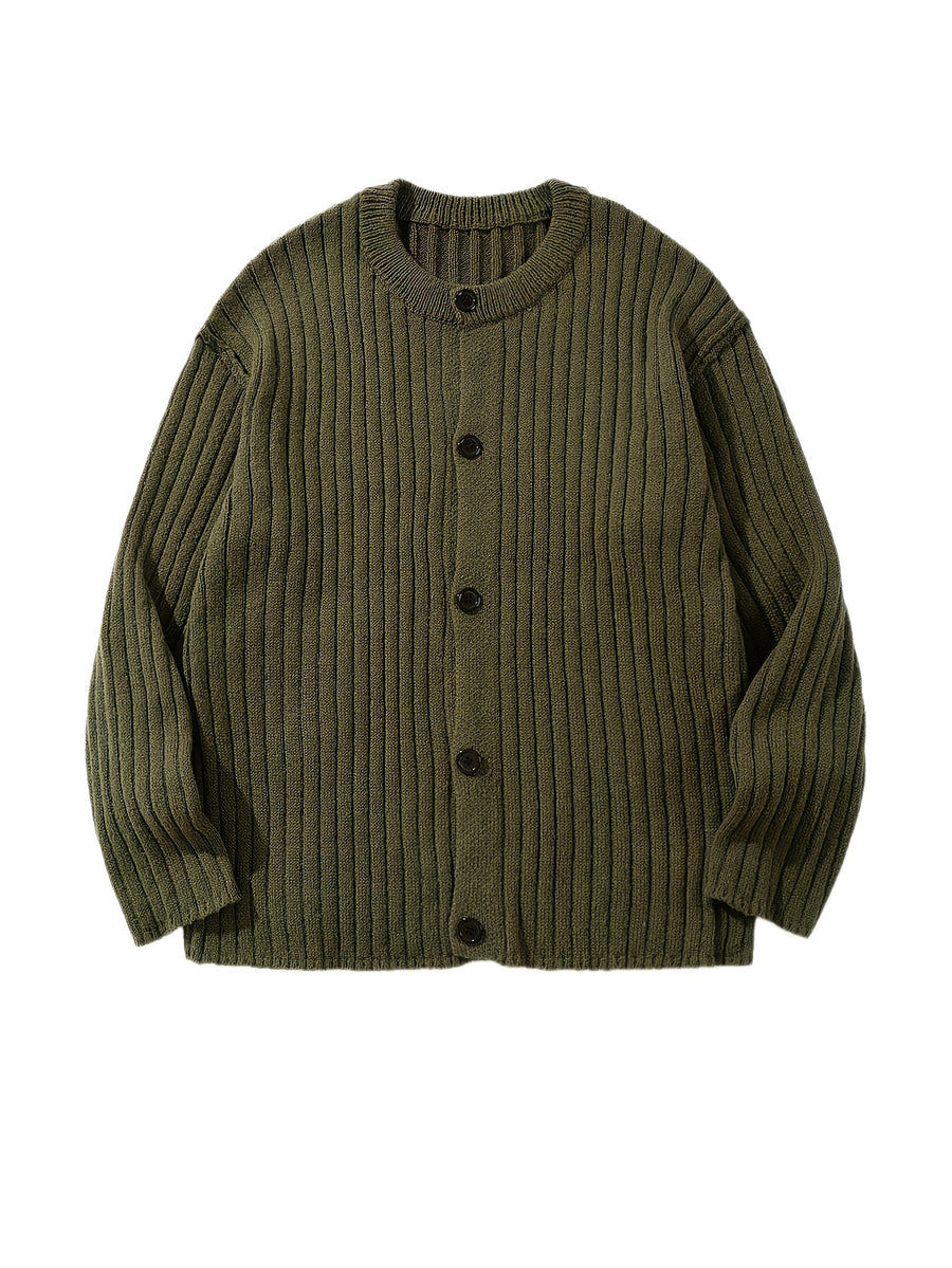 Autumn Winter Men'S American Retro Ribbed Long Sleeve Sweater Easy Lazy Style Button Casual Versatile Cardigan Jacket - Green