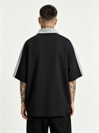 Trendy Casual Half-Zipper Contrast Polo Shirt Men'S Hip-Hop Style Waffle Short Sleeve Top Modern Urban Street Style Hip-Hop Casual Half-Zipper Short Sleeve Top American Street Style Contrast Short Sleeve - Black