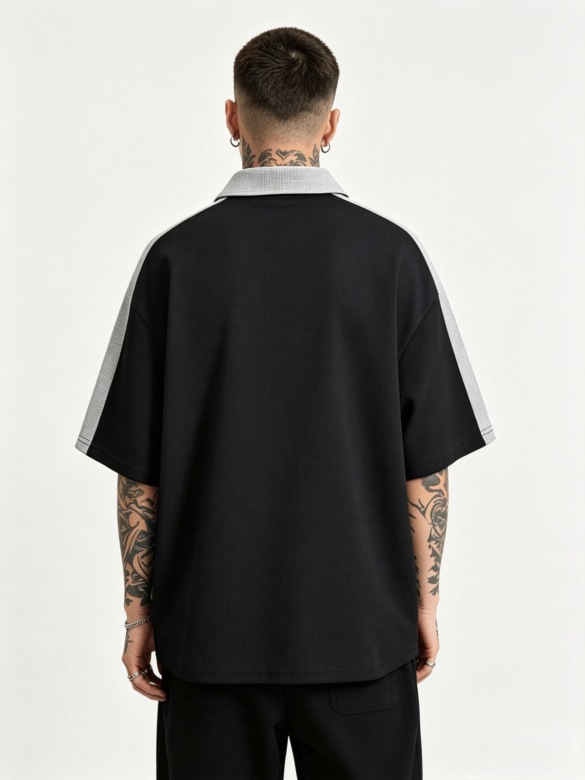 Trendy Casual Half-Zipper Contrast Polo Shirt Men'S Hip-Hop Style Waffle Short Sleeve Top Modern Urban Street Style Hip-Hop Casual Half-Zipper Short Sleeve Top American Street Style Contrast Short Sleeve - Black