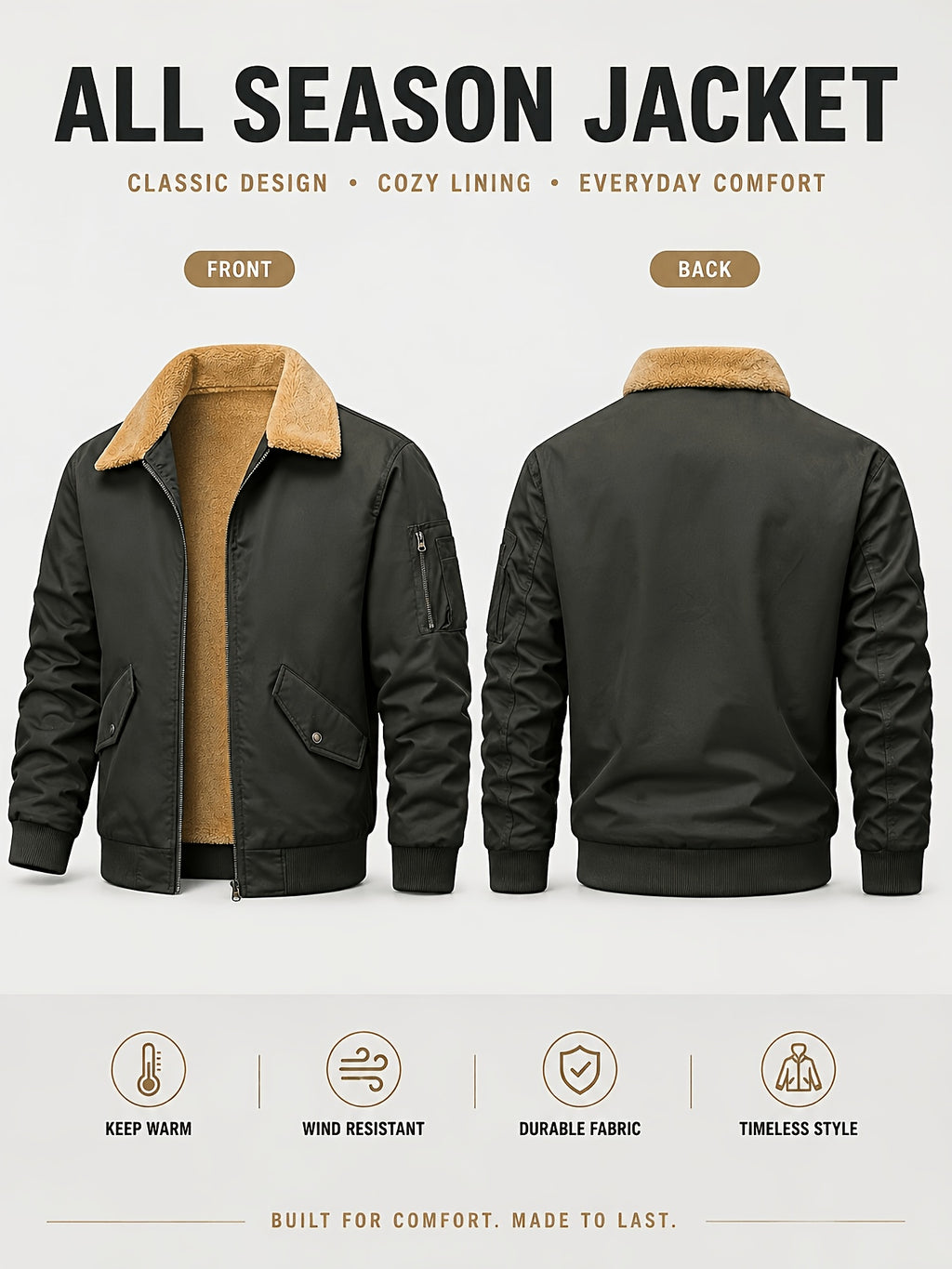 Men'S Autumn Winter Jacket Fleece Bomber Jacket Faux Lamb Shear Fleece Windproof Warm Jacket - Olive Green