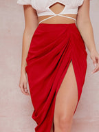Women'S Solid Side-Slit Elegant Half Skirt - Red