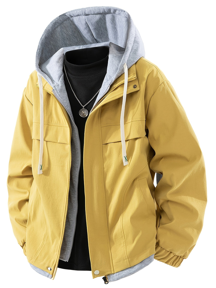 Men's Casual Hooded Jacket, Trendy and Versatile, Suitable for Outdoor and Daily Wear, Faux 2pcs Design, Spring and Autumn Style - Lemon Yellow