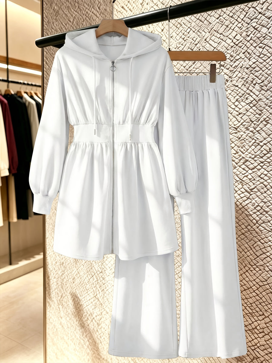 2pcs Set: Mid-length Hooded Zip-up Cardigan + High-waisted Drapey Wide-leg Pants - White