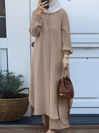 Yuhongfei DJ0610156 Muslim Women's Arabic Style Solid Color Long Sleeve Shirt and Wide-Leg Pants 2pcs Set - Khaki