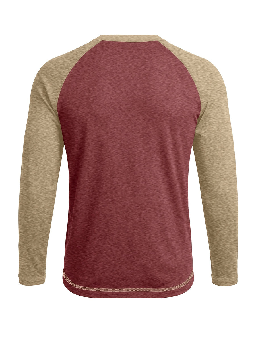 Cross-Border Men'S Long Sleeve Round Neck T-Shirt, Export European And American Men'S Clothing Color-Block Top Base Layer - Maroon 2
