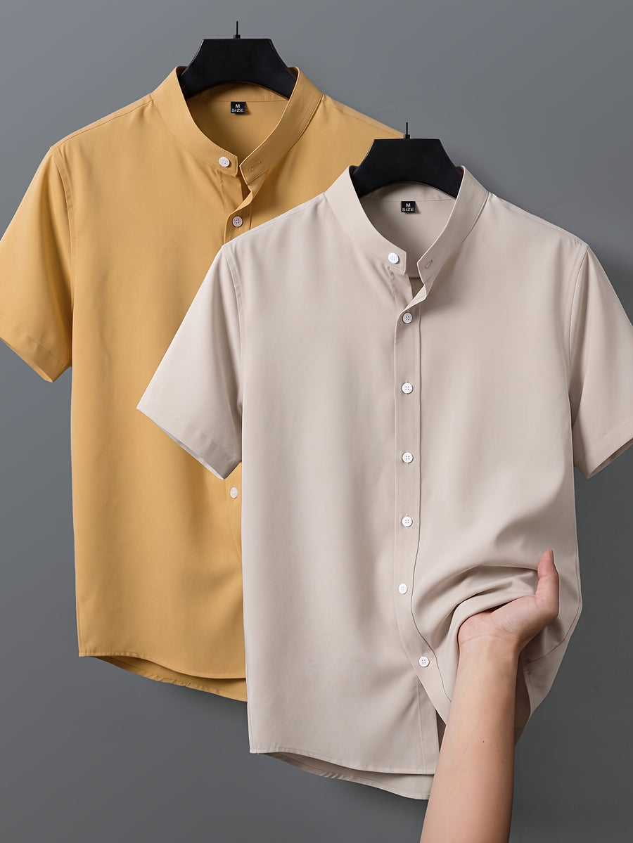 2pcs Men's Short-Sleeve Shirts, Henley/Stand-Up Collar Design, Summer Casual Outerwear - Color #17