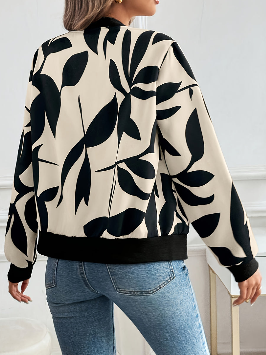 Women's Printed Zip-Up Long Sleeve Baseball Collar Simple Elegant Casual Jacket Top - Black