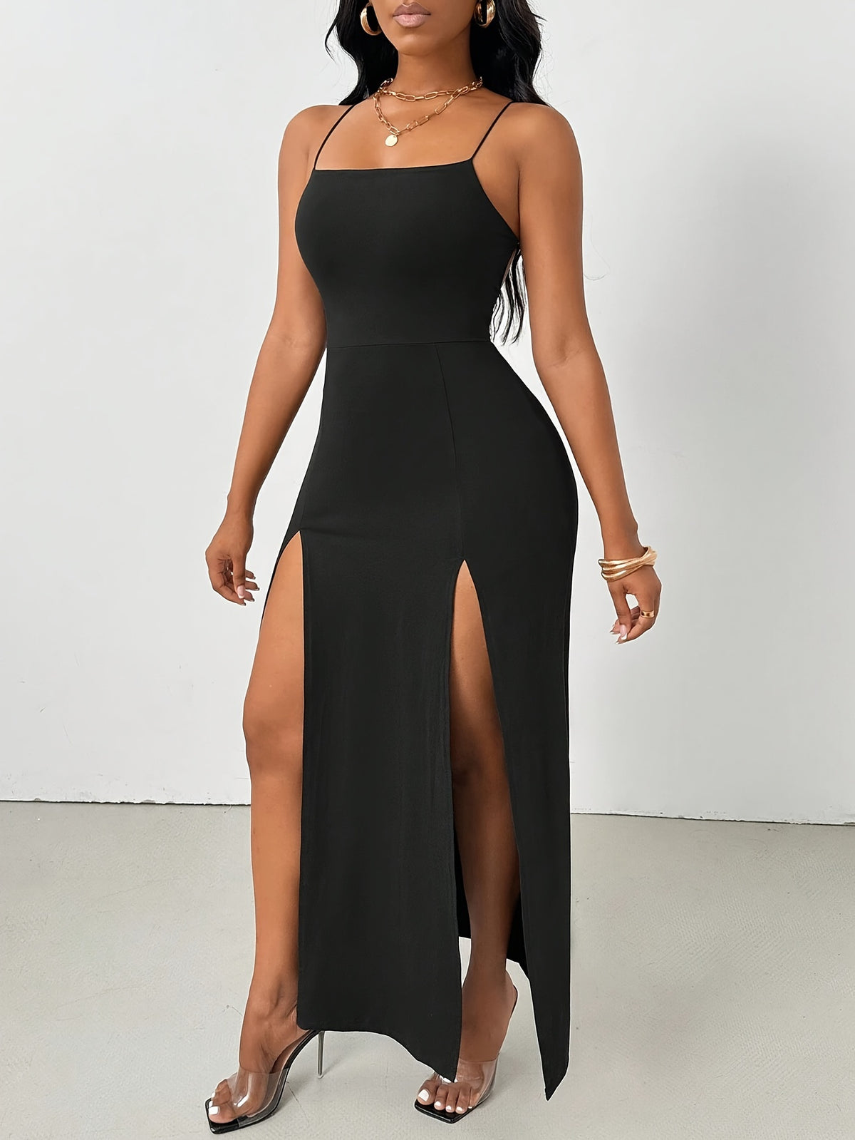 Women'S Spring And Summer Fitted Sexy Off-Shoulder Dress with Cross Straps, Solid Color, Slit, And Open Back - Black