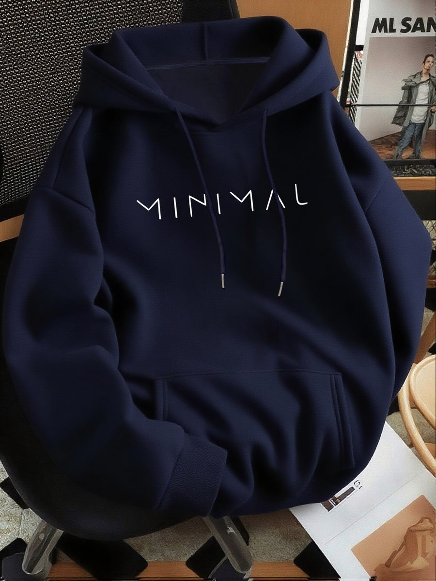 Minimalist Style Letter Print Hooded Sweatshirt, Versatile Top for Daily Casual and Commuting - Navy Color