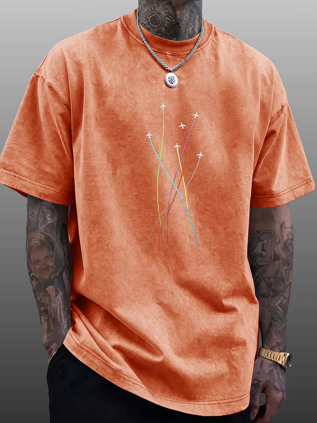 Men's Short-Sleeve T-Shirt, Pure Cotton Loose Fit Half-Sleeve Top, Washed Distressed Colorful Airplane Route Lines, Trendy Reversible Double-Sided Print, Multiple Colors for  Mix & Match, American Streetwear Hip-Hop High Street Style, for Daily - Orange