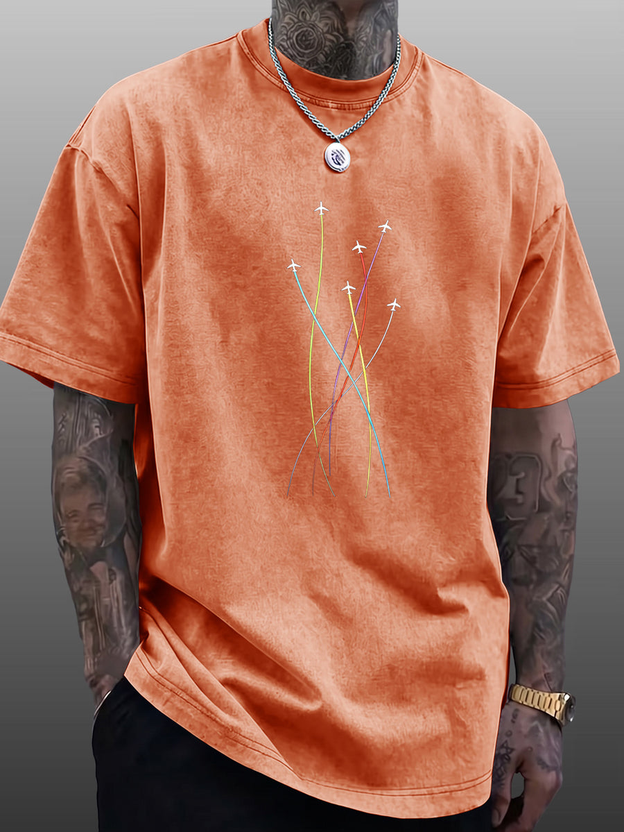 Men's Short-Sleeve T-Shirt, Pure Cotton Loose Fit Half-Sleeve Top, Washed Distressed Colorful Airplane Route Lines, Trendy Reversible Double-Sided Print, Multiple Colors for Mix & Match, American Streetwear Hip-Hop High Street Style, for Daily - Orange