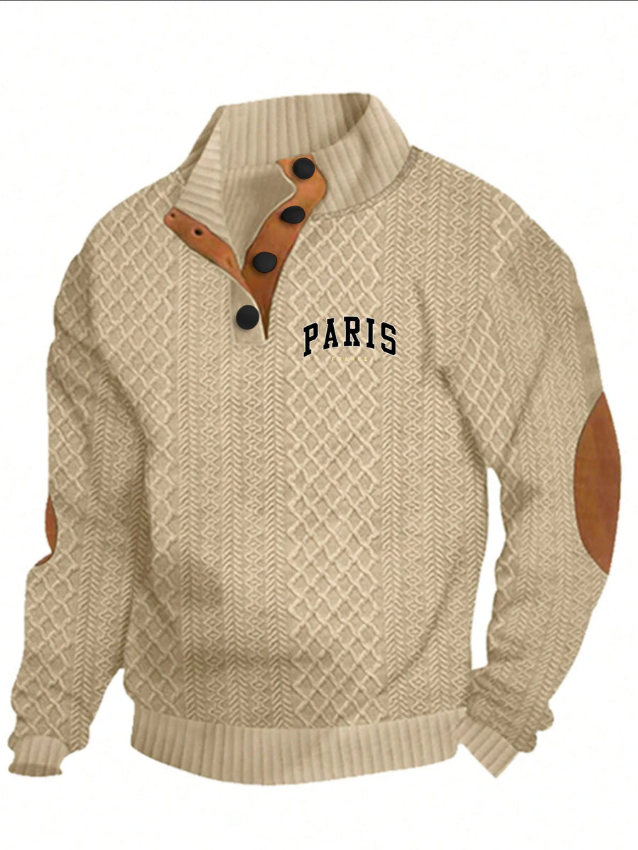 Men's New Jacquard Top with Textured Classic Stand Collar to Enhance Neckline, Half-Button Placket Continuing Vintage Henley Style, Patchwork Design Fashion Knit Shirt - Apricot