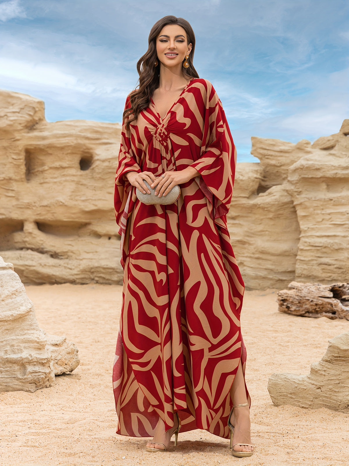 EDOLYNSA Elegant Red Striped Print V-Neck Long Sleeve Batwing Beach Cover-Up Loose Casual Vacation Kaftan Robe Q1755 - Red