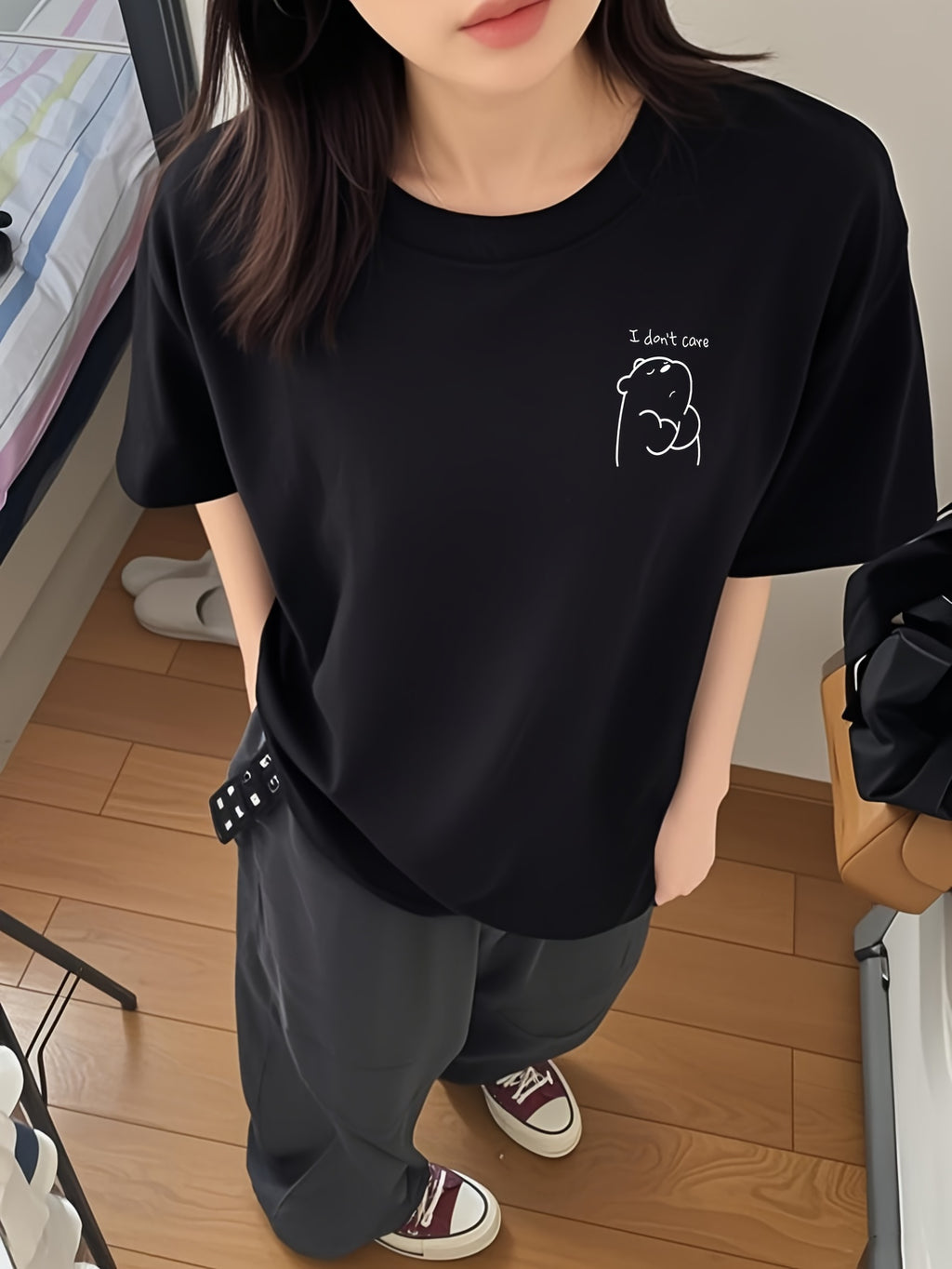Women's Short-Sleeve T-Shirt, Summer Designer Cartoon Print Short-Sleeve T-Shirt, Pure Short-Sleeve T-Shirt Top, Base Layer Top #3333 - Black