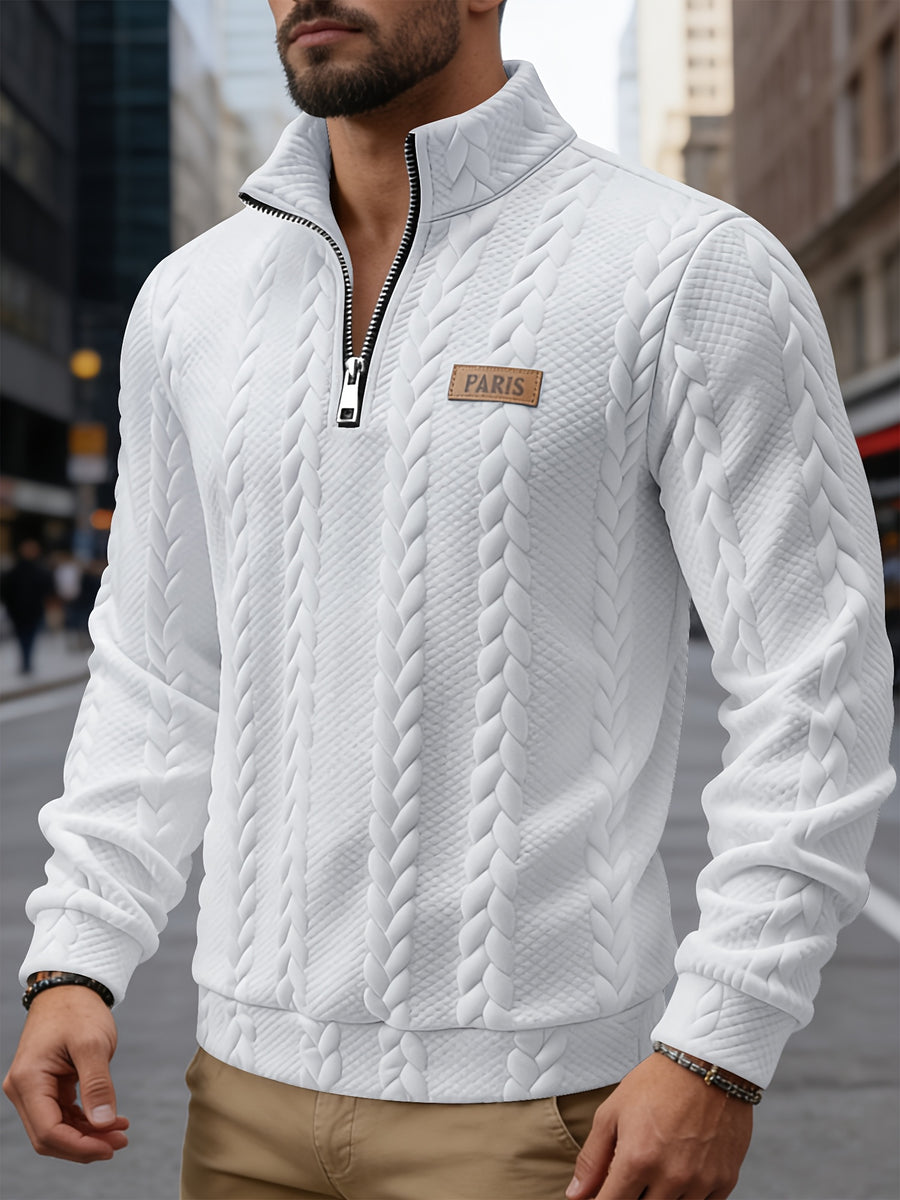 Men'S Casual Button-Up Half-Open Placket Patchwork Contrast-Colored Henley Shirt Long-Sleeved Spring And Autumn Men'S Top Outdoor Versatile Jacquard Sweater - White