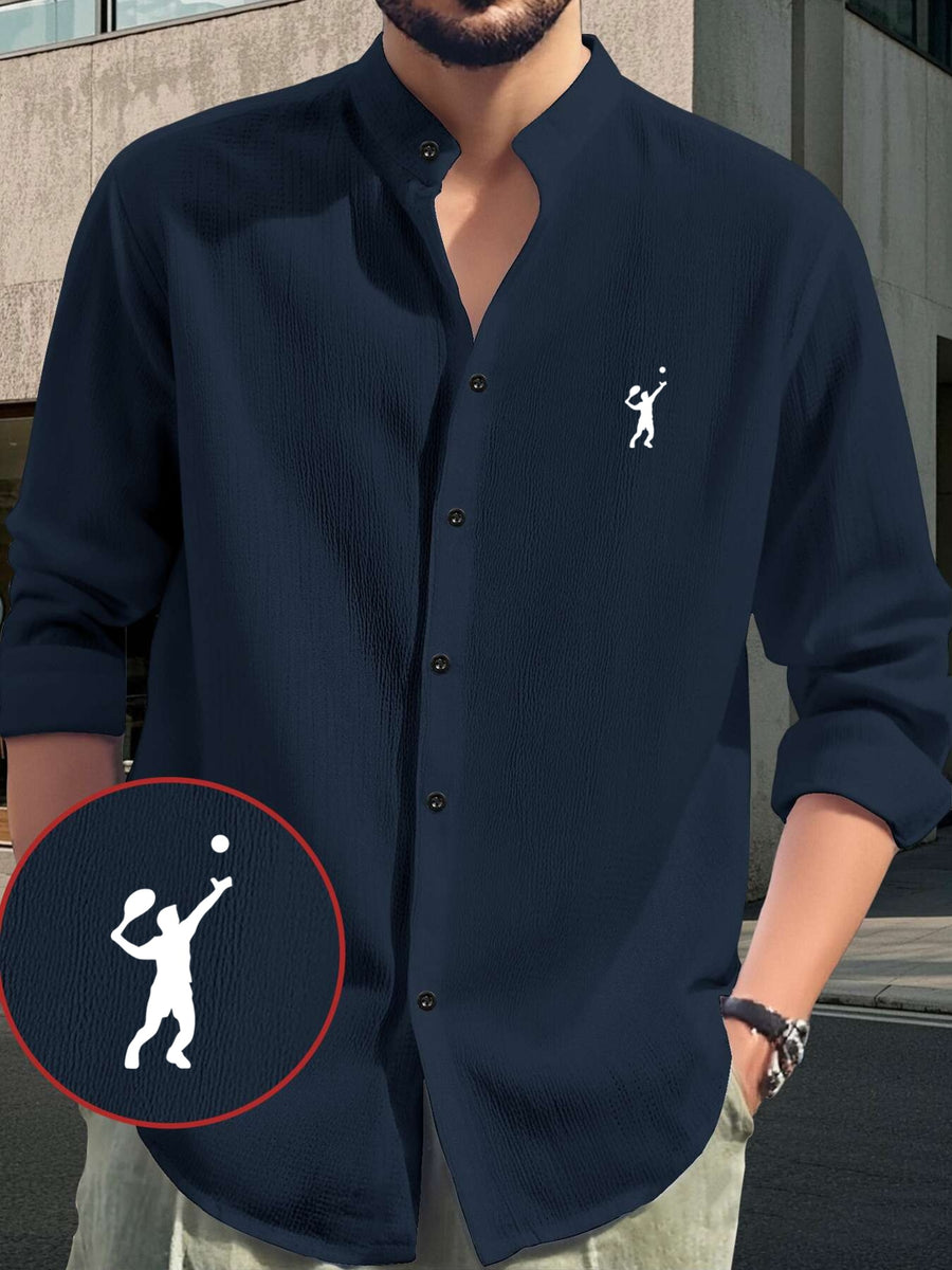 Men's Fashion Comfortable Lightweight Long Sleeve Shirt - Hawaiian Beach, Vacation, Party Wear, Breathable Stand Collar Button-Up Top, Versatile for Daily Wear, Events, and Outings, Tennis Print Pattern, Suitable for Various Occasions Casual Shirt - Navy Color
