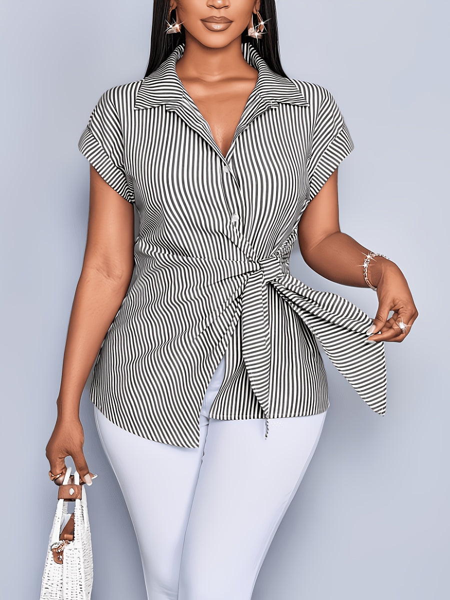 Fashion Batwing Sleeve Waist Tie Striped Shirt Office Home Date Outfit - Black