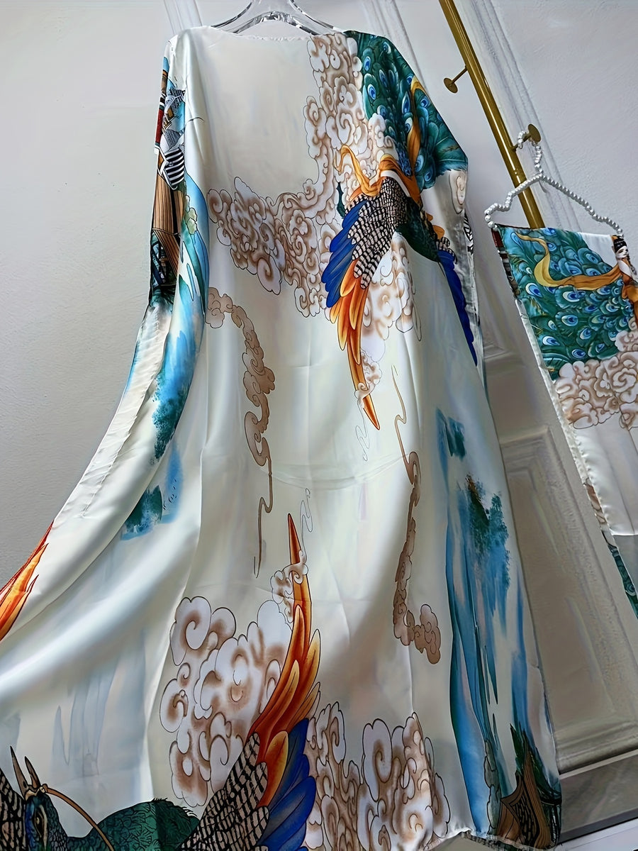 Graphic Print Boat Neck Abaya, Elegant Short Batwing Sleeve Loose Dress with Scarf for Spring And Summer, Women'S Clothing - Milky